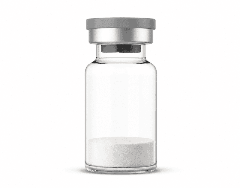 Unlabeled clear glass research vial with lyophilized powder